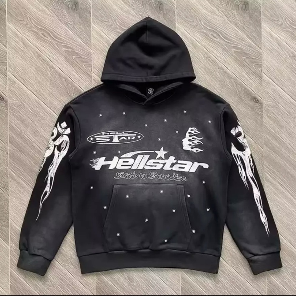 Black Hoodie with White Graphic Designs and Flame Patterns